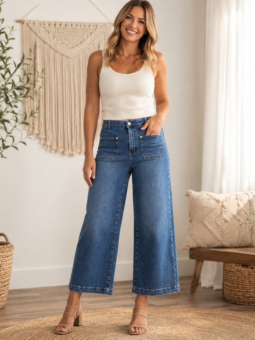 Michael Kors Medium Blue Wide-Leg Crop Jeans with Front Patch Pockets